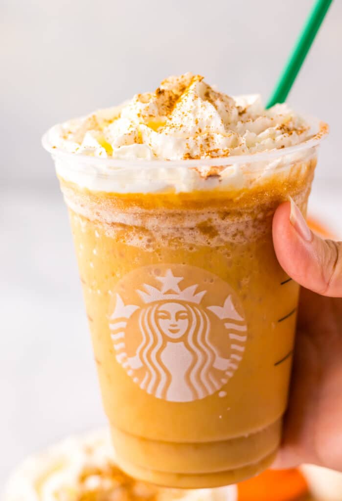 Copycat Starbucks Pumpkin Spice Frappuccino in hand