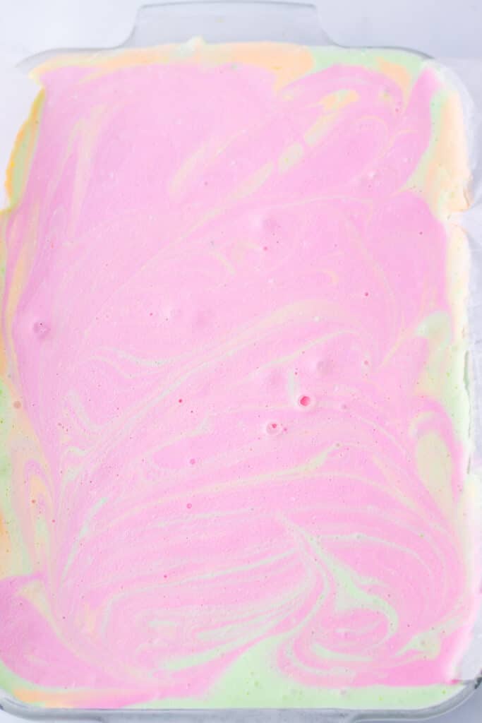 No Bake Rainbow Sherbet Bars swirled together