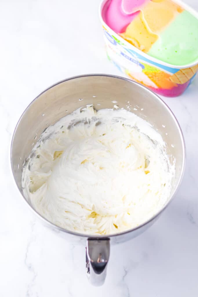 No Bake Rainbow Sherbet Bars cream cheese mixture