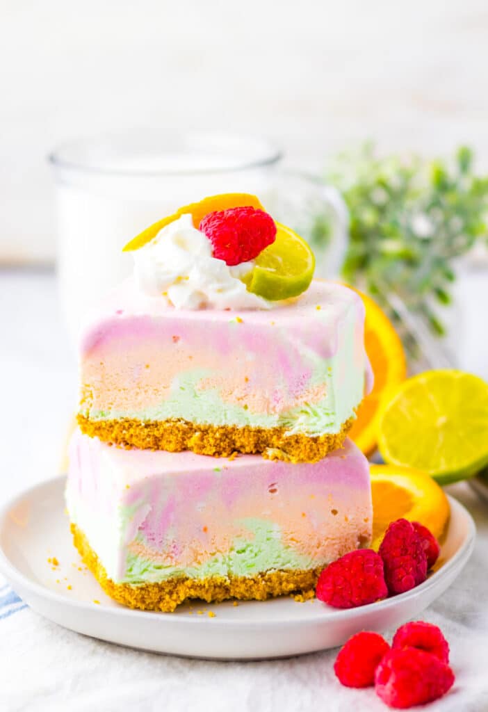 No Bake Rainbow Sherbet Bars plated