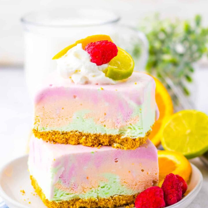 No Bake Rainbow Sherbet Bars plated