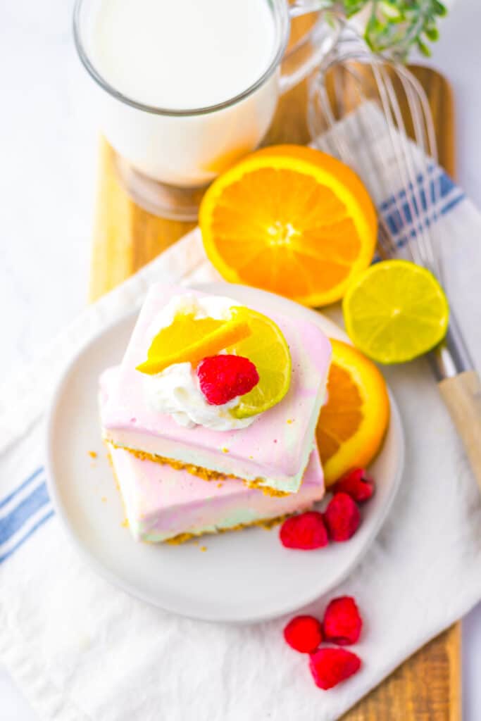 No Bake Rainbow Sherbet Bars plated