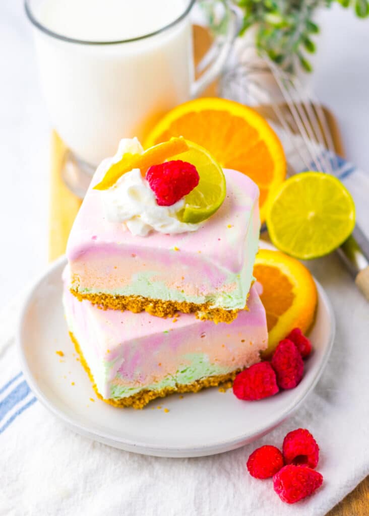 No Bake Rainbow Sherbet Bars plated