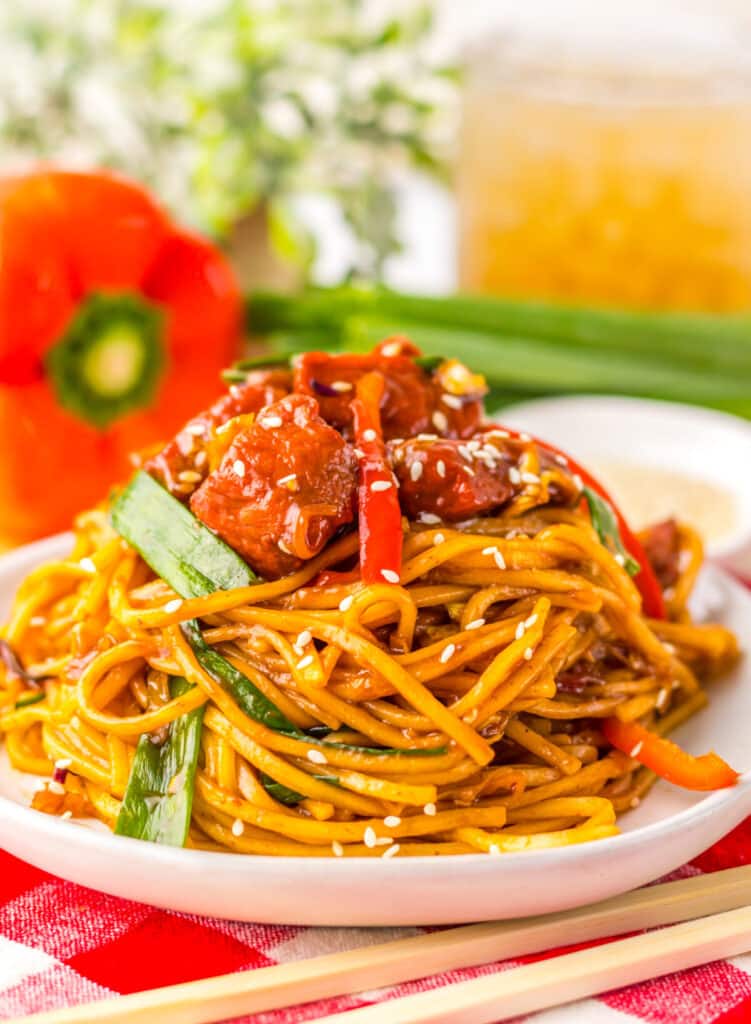The Best Pork Lo Mein plated