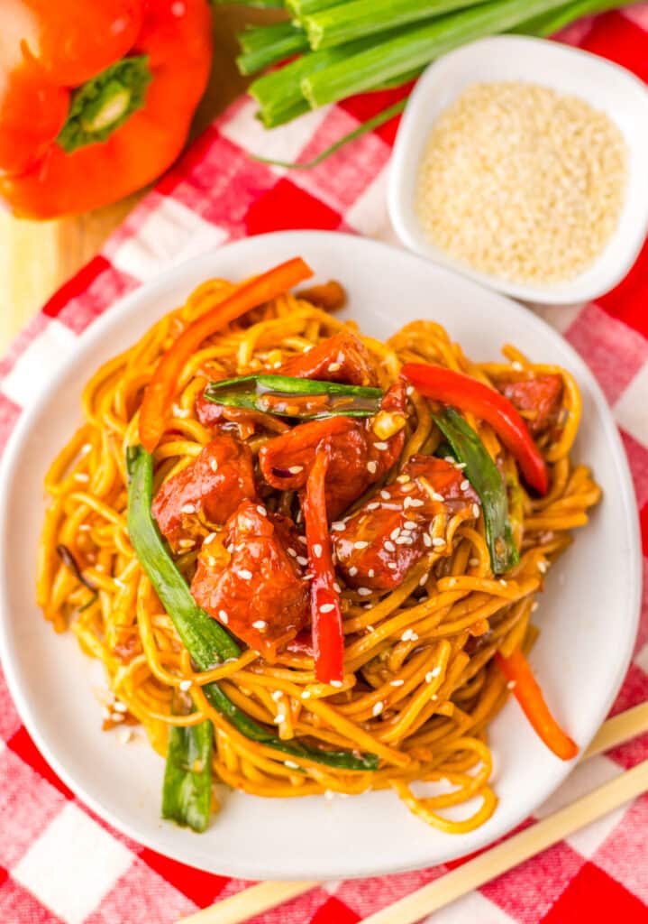 The Best Pork Lo Mein plated
