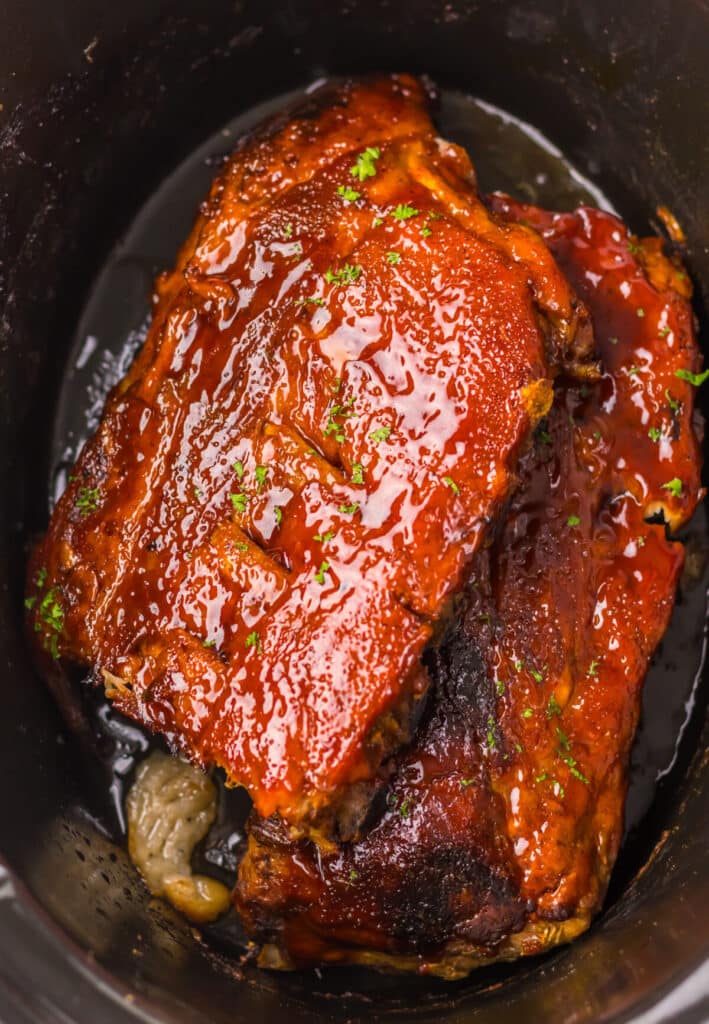 Slow Cooker Cherry Cola Ribs in slow cooker