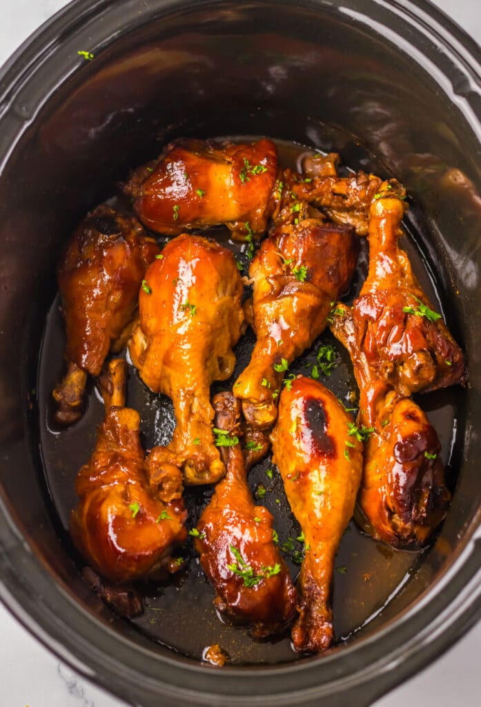 Slow Cooker Dr Pepper BBQ Drumsticks in slow cooker