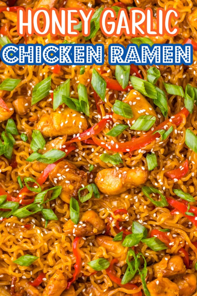 Honey garlic chicken ramen with tender chicken, noodles, red peppers, scallions, and sesame seeds in a savory sauce.