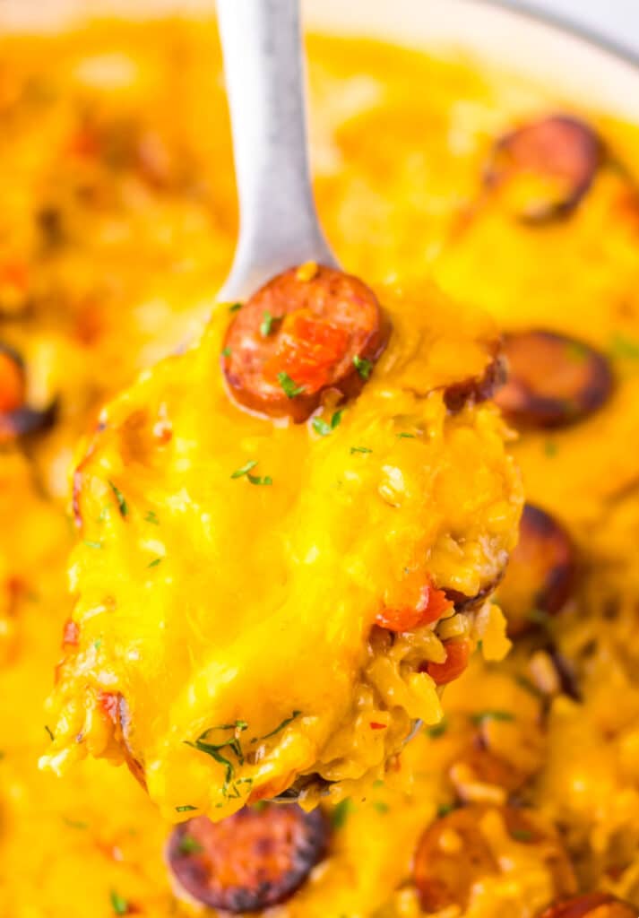 One Pot Cheesy Sausage Rice in spoon