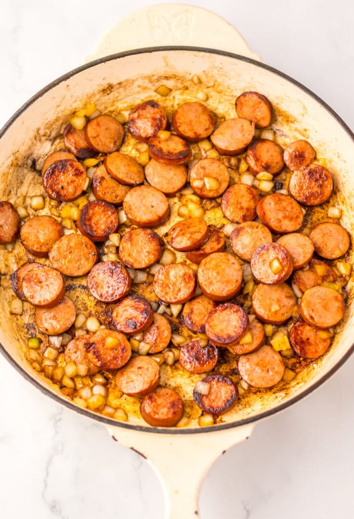 One Pot Cheesy Sausage Rice in pan