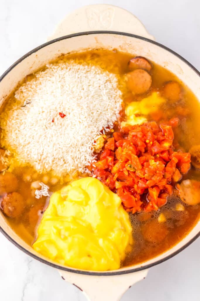 One Pot Cheesy Sausage Rice in pan