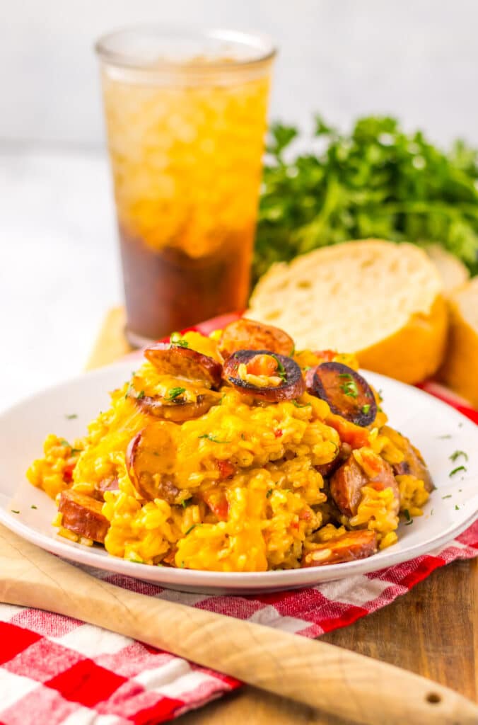 One Pot Cheesy Sausage Rice plated