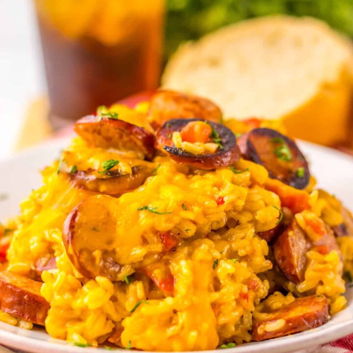 One Pot Cheesy Sausage Rice plated