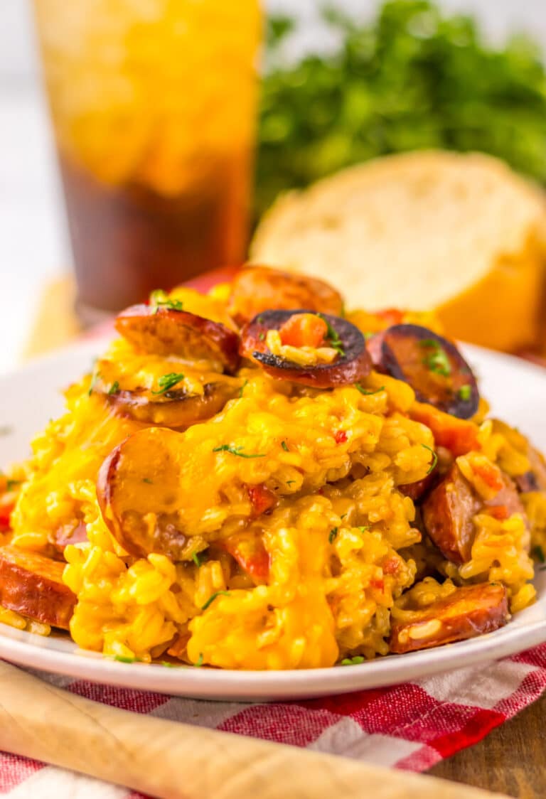 One Pot Cheesy Sausage Rice plated