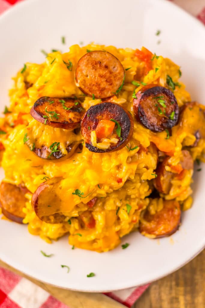 One Pot Cheesy Sausage Rice plated