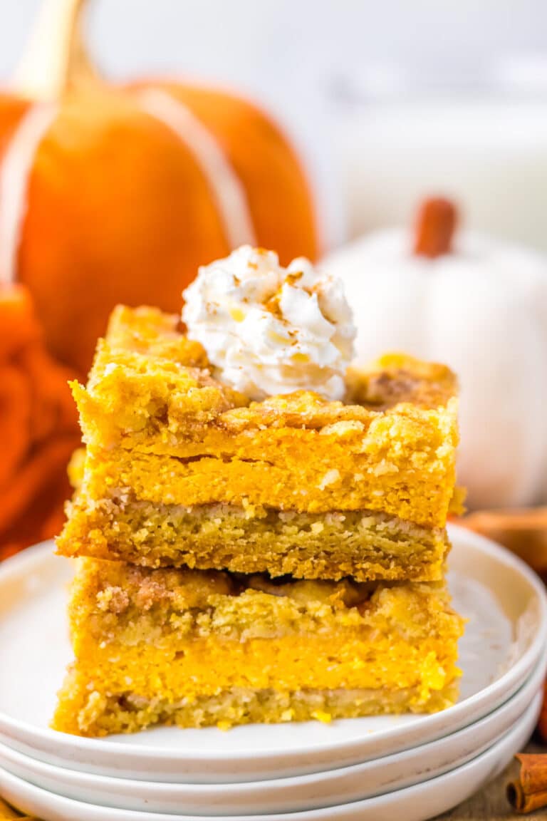 Pumpkin Cheesecake Snickerdoodle Bars plated