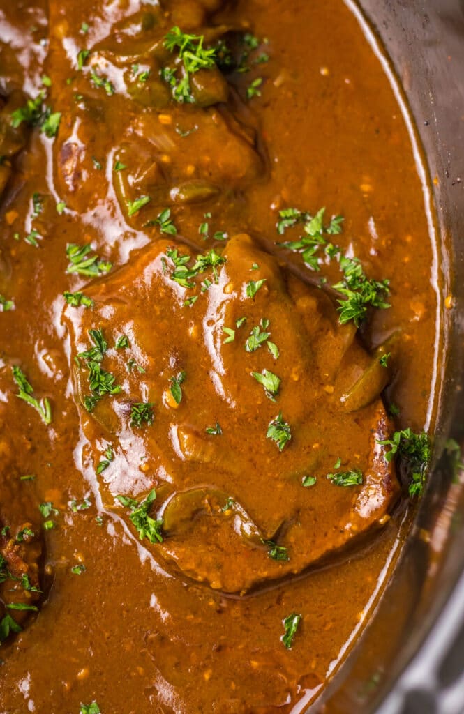 Slow Cooker Smothered Steak in slow cooker