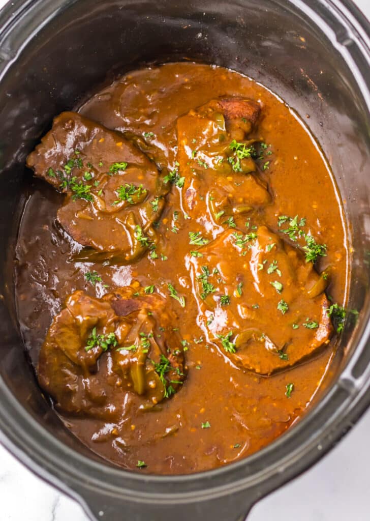 Slow Cooker Smothered Steak in slow cooker