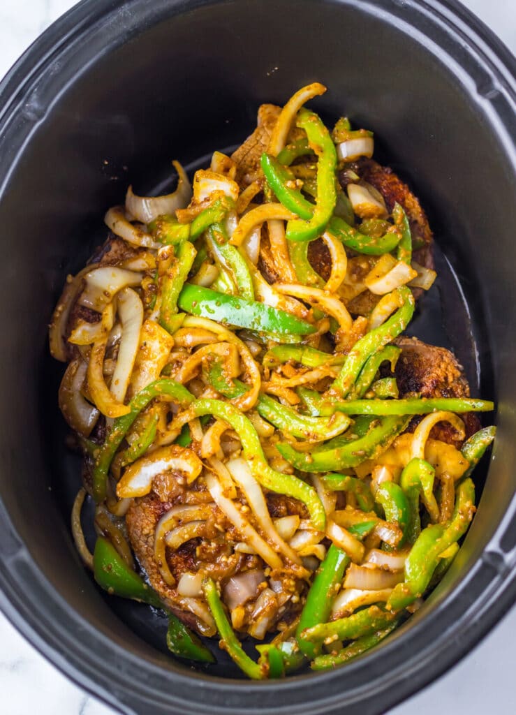 Slow Cooker Smothered Steak in slow cooker