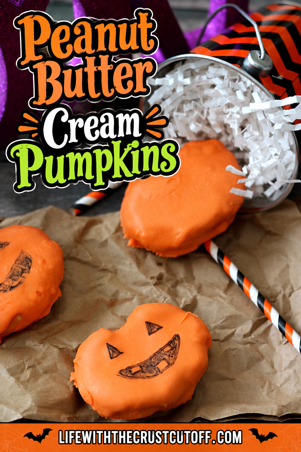 Orange Peanut Butter Cream Pumpkins decorated with jack-o’-lantern faces for an easy homemade Halloween treat.