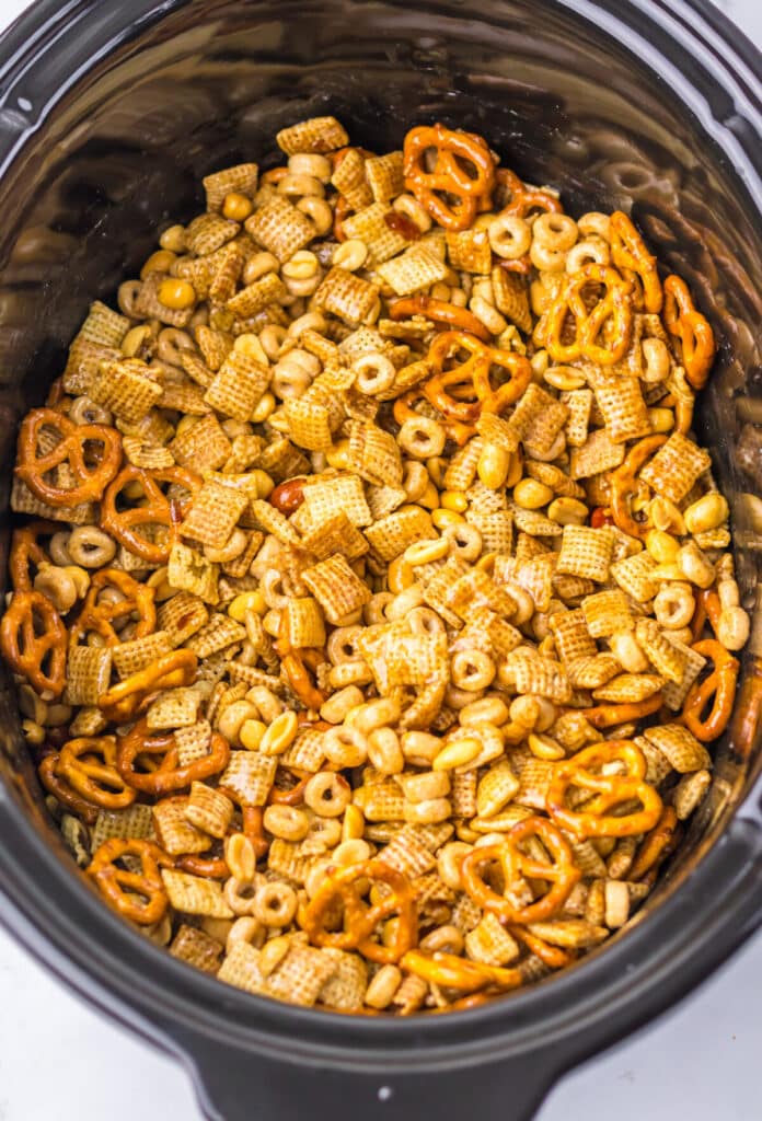 Slow Cooker Christmas Chex Mix in slow cooker
