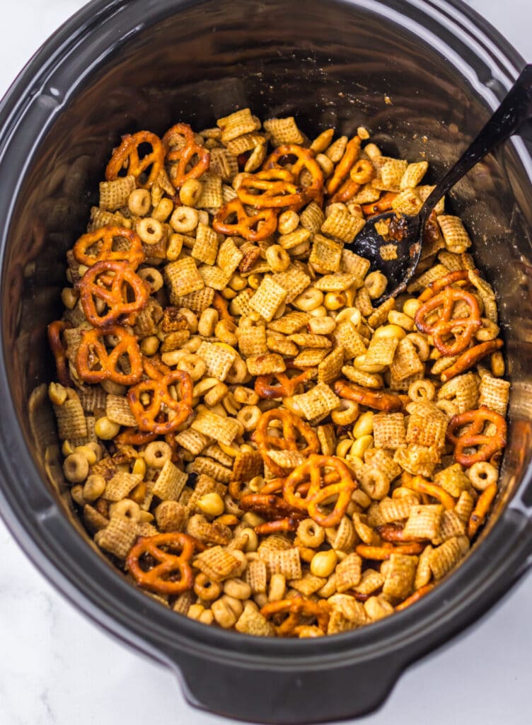 Slow Cooker Christmas Chex Mix in slow cooker