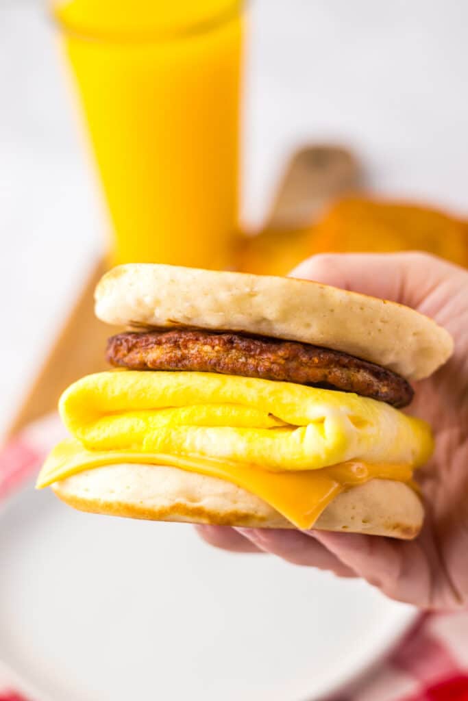 Copycat Mcdonalds's McGriddles in hand
