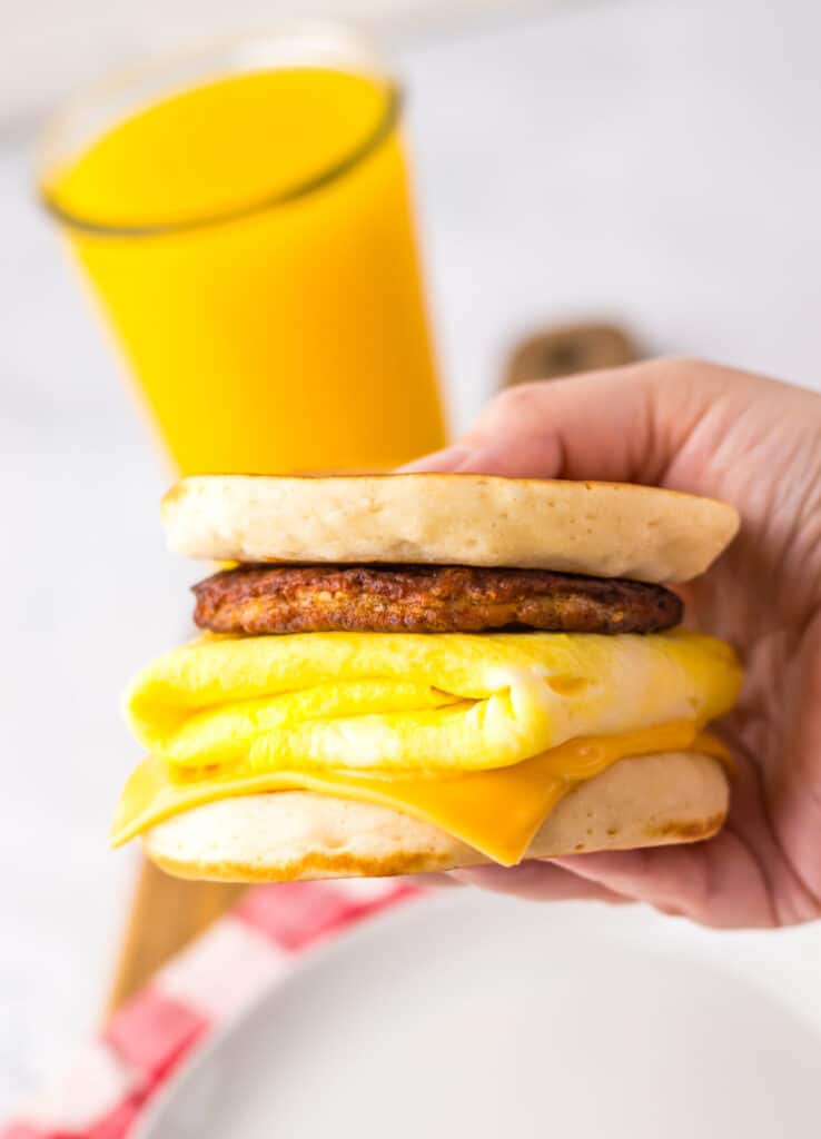 Copycat Mcdonalds's McGriddles in hand