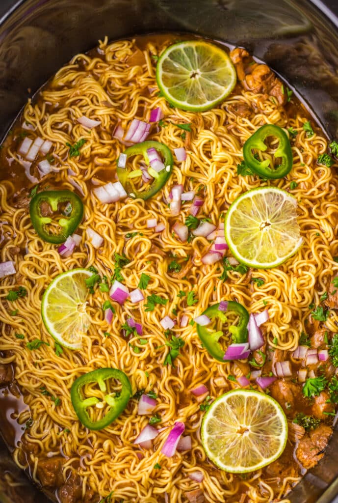 Slow Cooker Birria Ramen in slow cooker