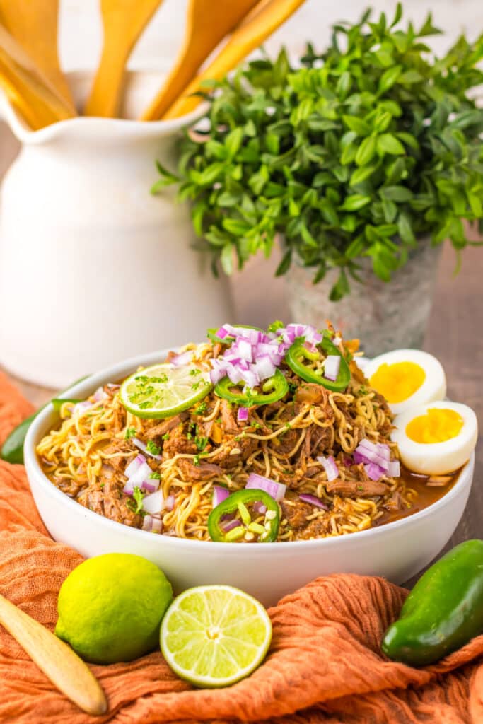 Slow Cooker Birria Ramen plated