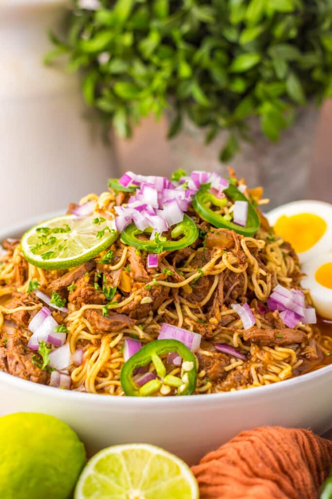 Slow Cooker Birria Ramen plated