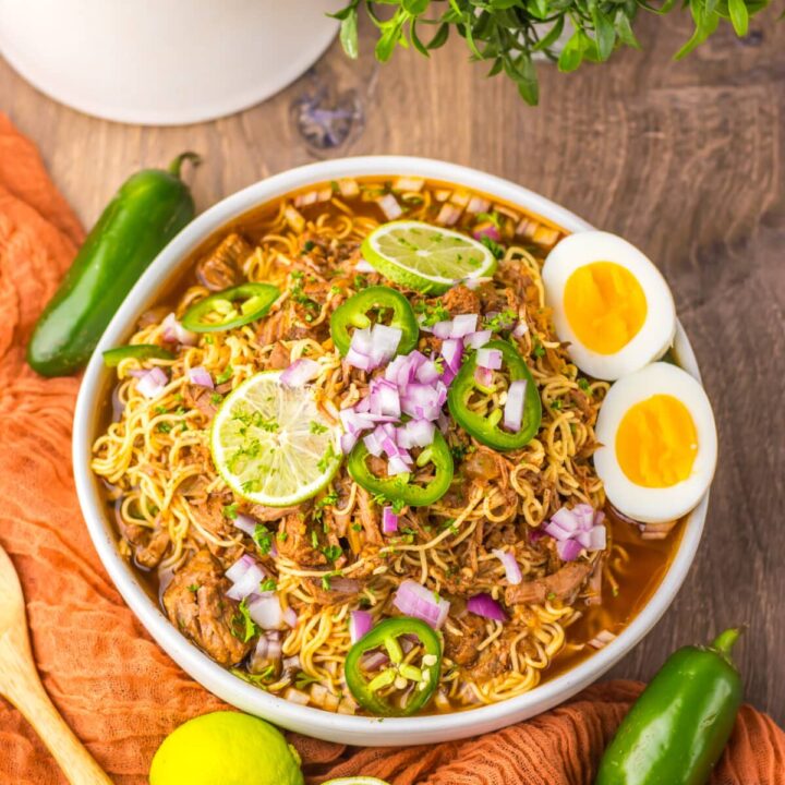 Slow Cooker Birria Ramen plated