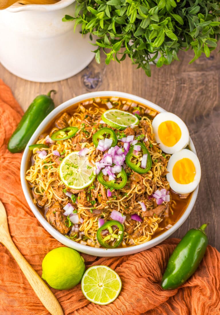 Slow Cooker Birria Ramen plated