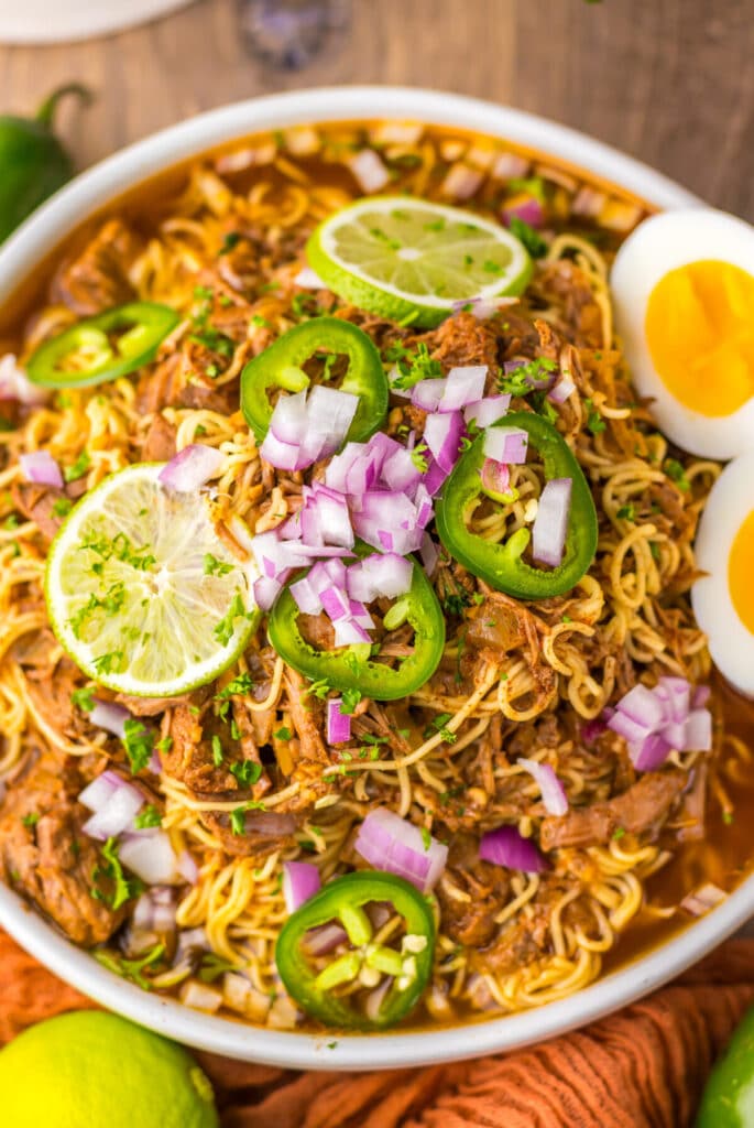 Slow Cooker Birria Ramen plated