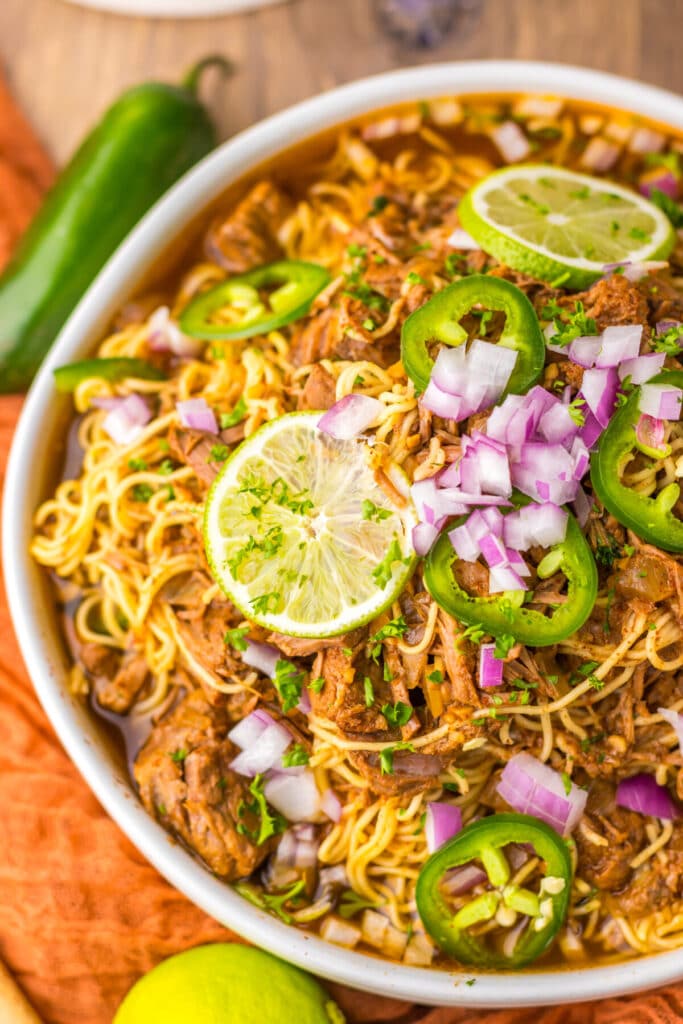 Slow Cooker Birria Ramen plated