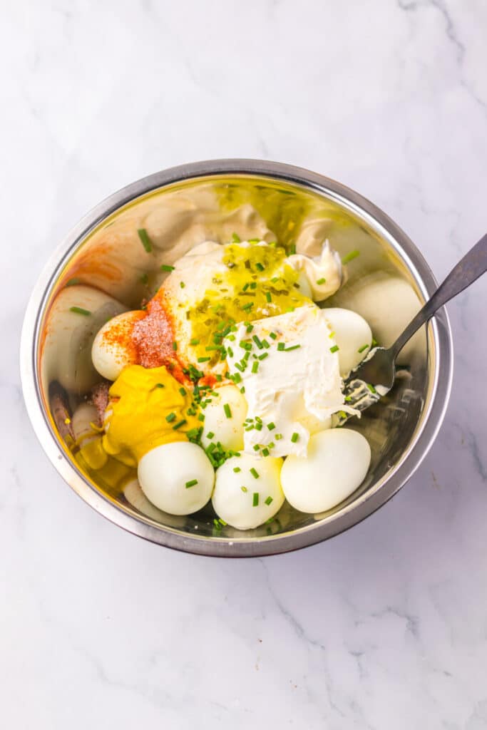 Deviled Egg Dip ingredients in bowl