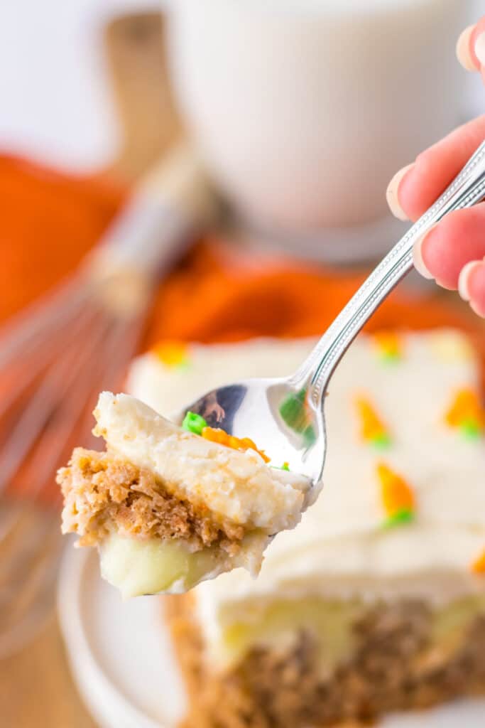 Carrot Poke Cake on fork
