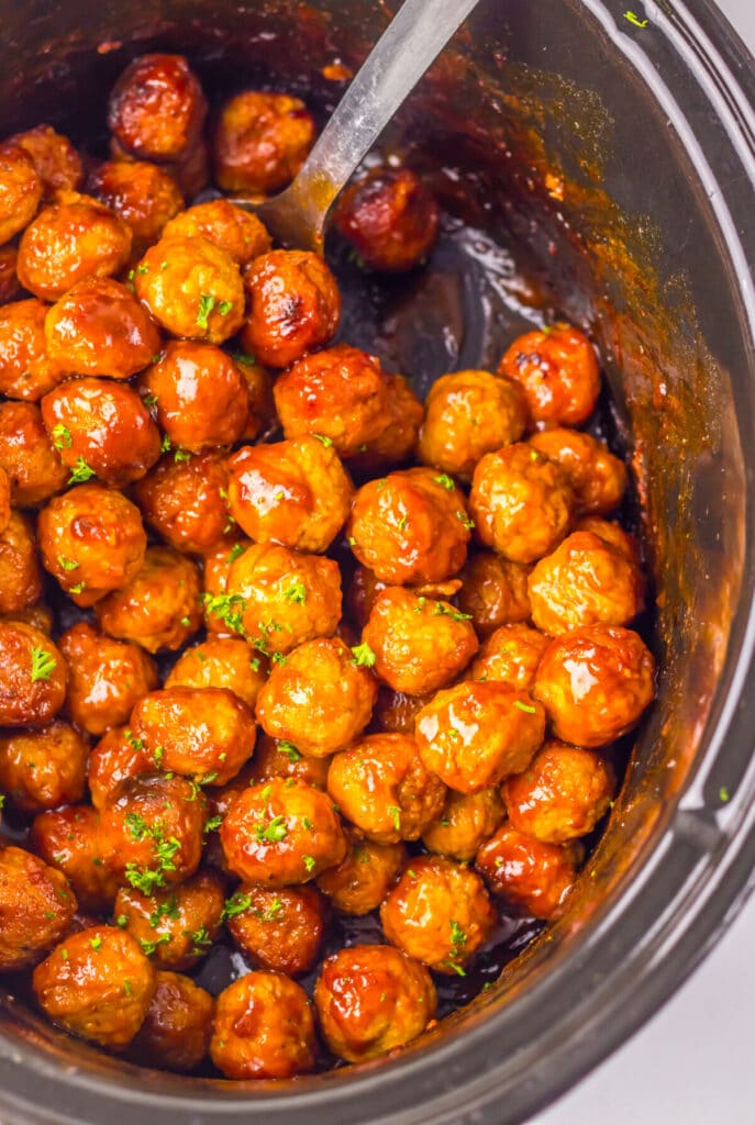Slow Cooker Dr. Pepper BBQ Meatballs in slow cooker