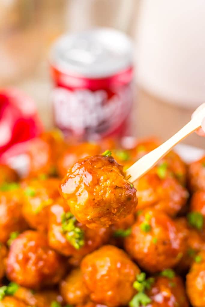 Slow Cooker Dr. Pepper BBQ Meatballs on toothpick