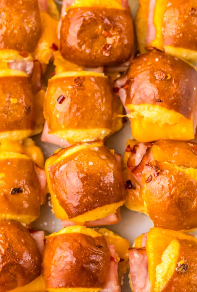 Hot Honey Ham Pretzel Sliders in pan