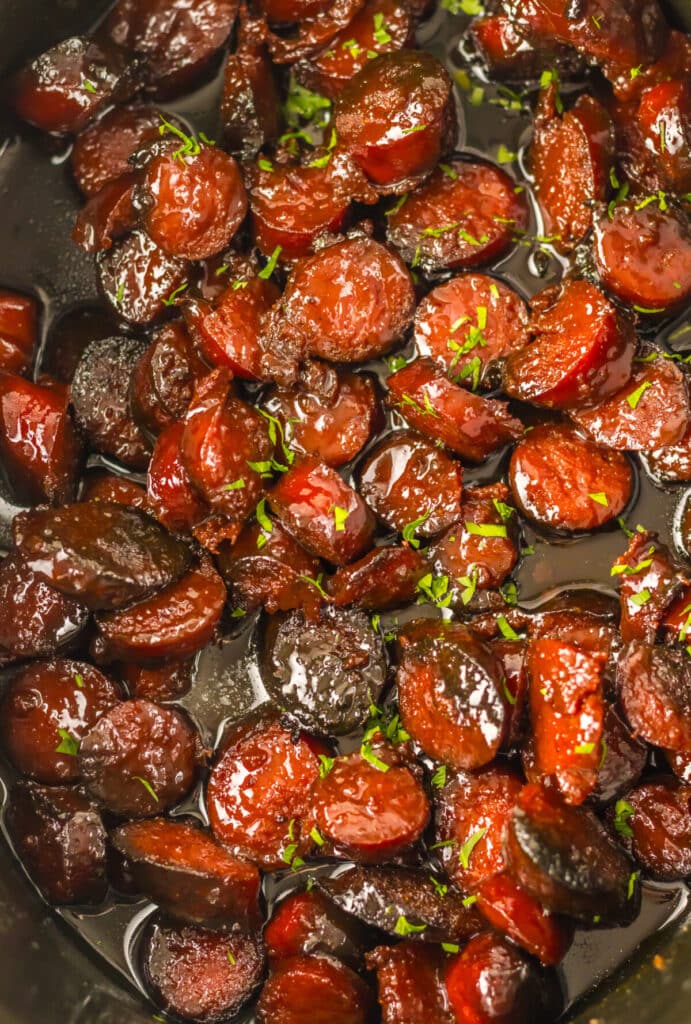 Slow Cooker Brown Sugar Kielbasa in slow cooker