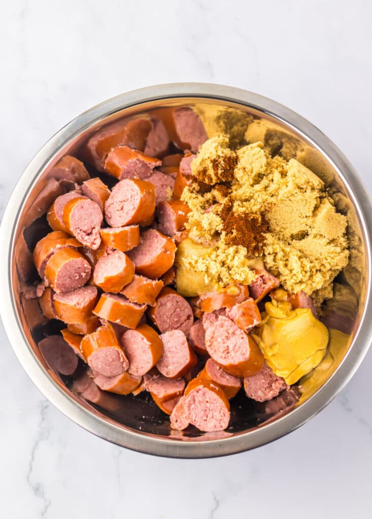 Slow Cooker Brown Sugar Kielbasa ingredients in bowl