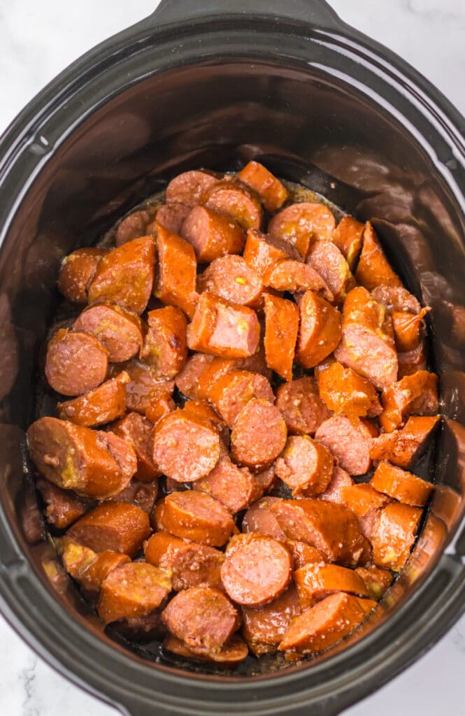 Slow Cooker Brown Sugar Kielbasa in slow cooker