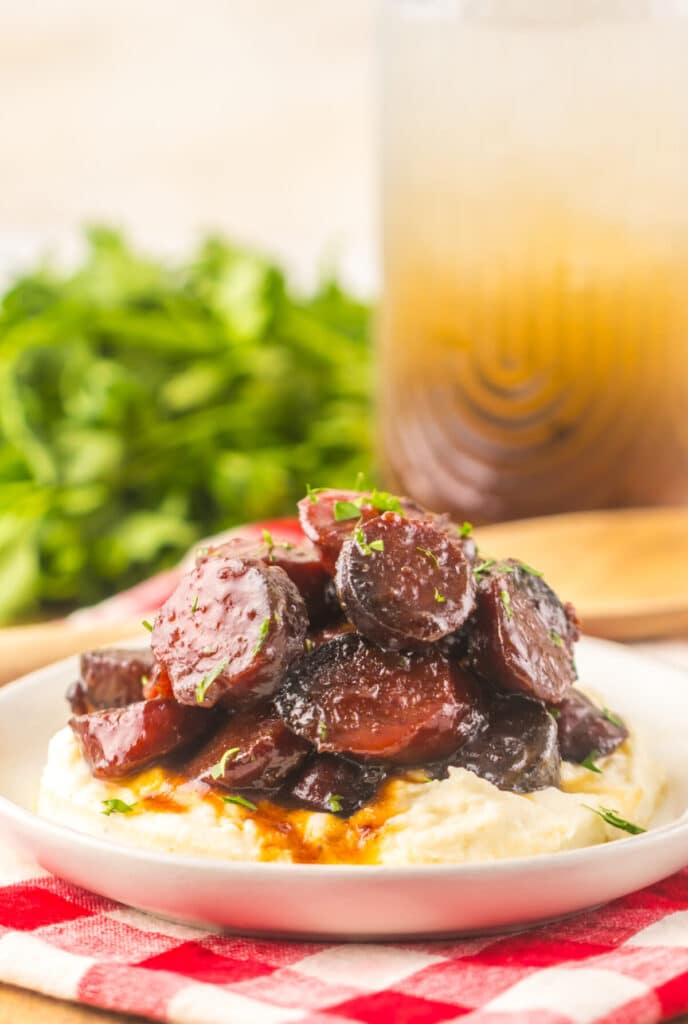 Slow Cooker Brown Sugar Kielbasa plated