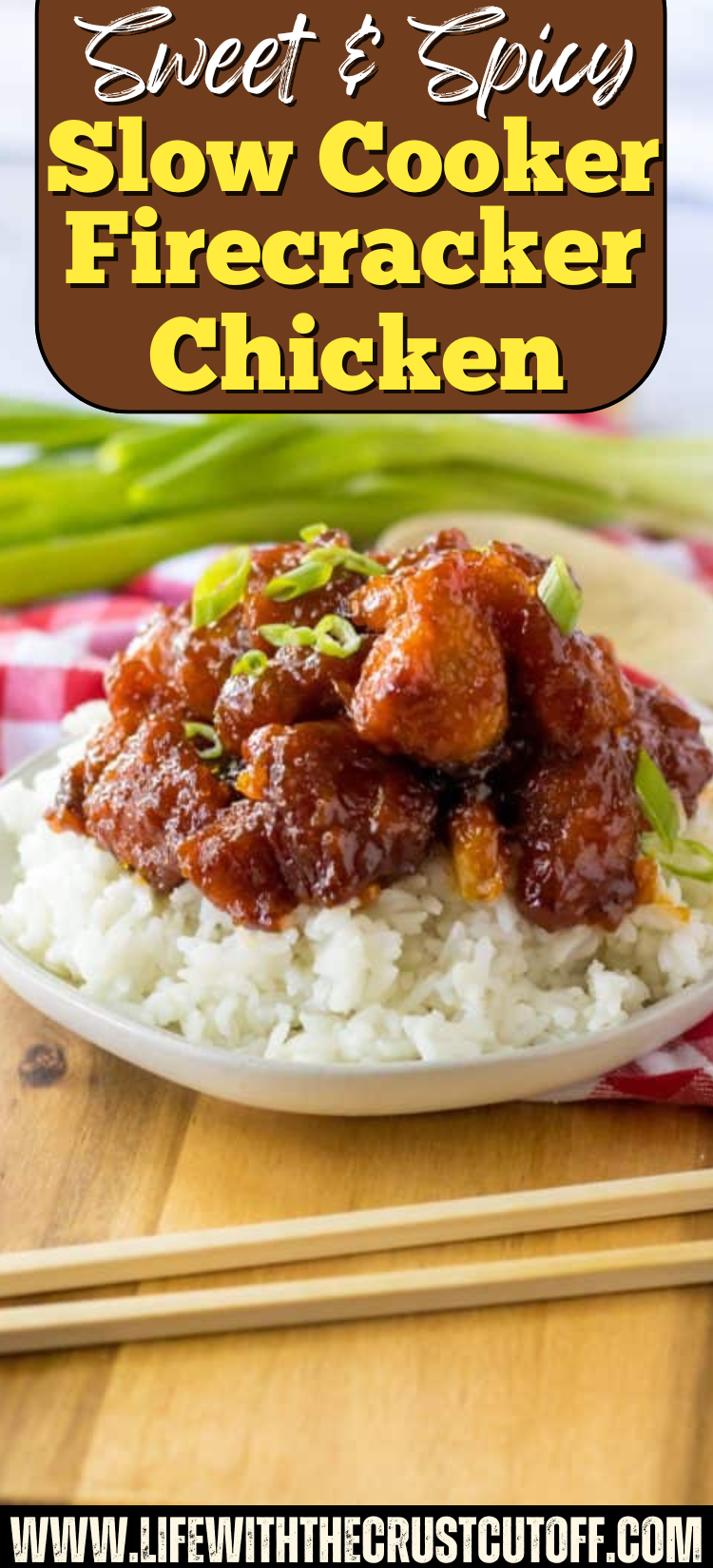 Slow Cooker Firecracker Chicken served over rice with a sticky sweet and spicy sauce and green onion garnish.