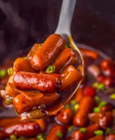 Slow Cooker Hawaiian Lil Smokies in spoon
