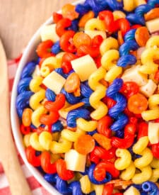 Red White Blue Pasta Salad in bowl