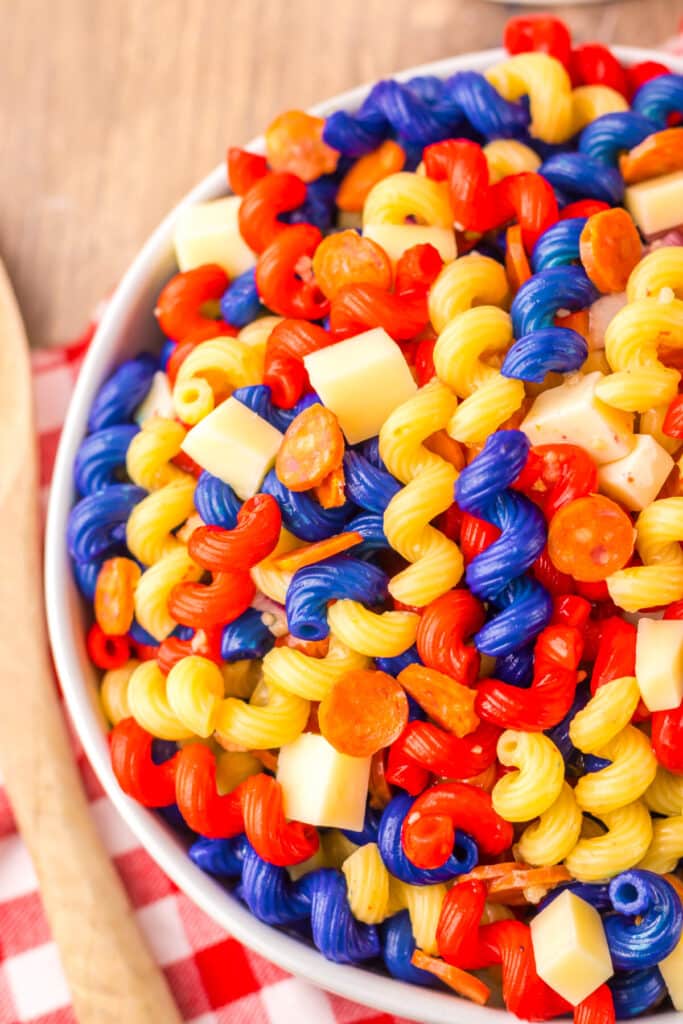 Red White Blue Pasta Salad in bowl