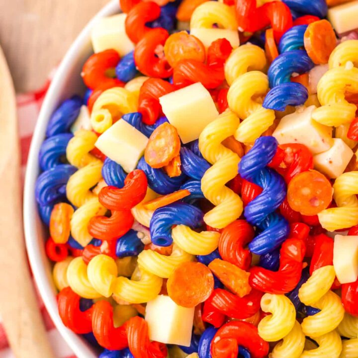 Red White Blue Pasta Salad in bowl
