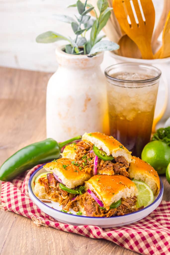 Slow Cooker Birria Sliders plated